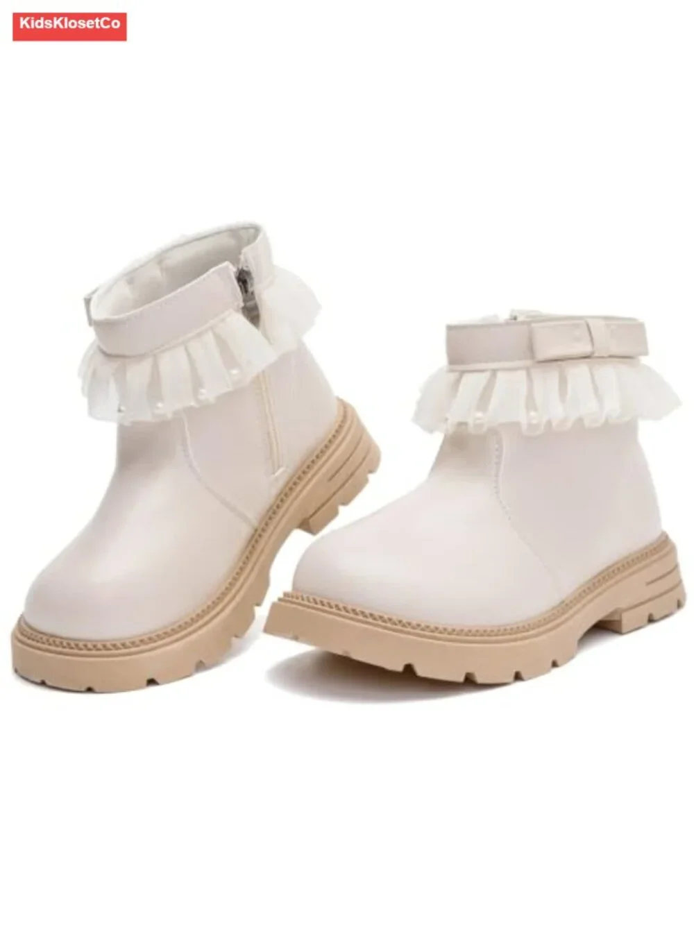 Girls Faux Leather Bow Ankle Boots Side Zipper Low Heel Winter Booties Kids